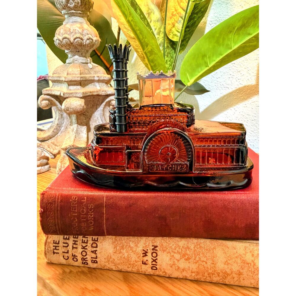 Vintage Avon Side Wheeler Riverboat Decanter, Amber Glass Wild Country